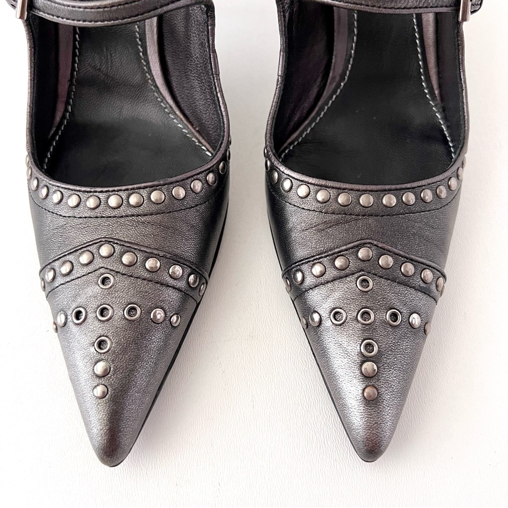 New PRADA | Dark Gray Metallic Studded Mary Jane Pointed Pumps Heels EU 38 New - Picture 4 of 15